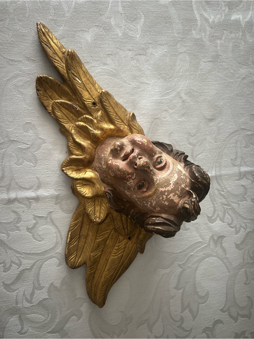 Antique wooden hand carved angel cherub head painted chipped rustic look